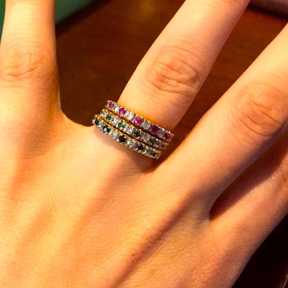 Goldtone Emerald Ruby Sapphire CZ Band Rings Set of 3 - Picture 1 of 12